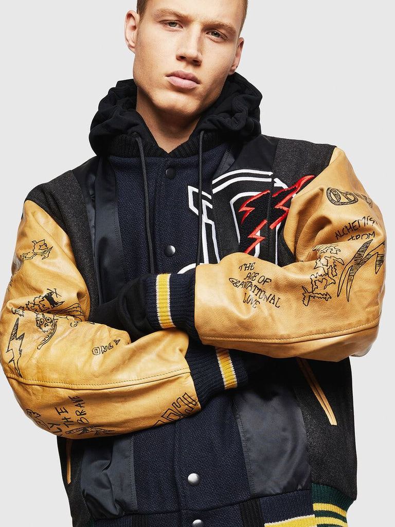 DIESEL L ANTON Hooded bomber jacket in mixed fabrics Greet Silk
