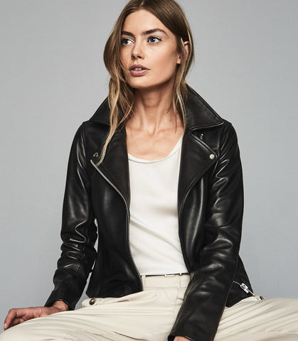 REISS GEO LEATHER BIKER JACKET BLACK