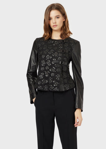 EMPORIO ARMANI  Lambskin nappa leather jacket with floral organza embroidery
