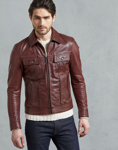 BELSTAFF LOWELL LEATHER JACKET In Dark Amarone Hand Waxed Leather