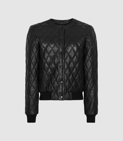 REISS OTTOLIE CROSS STITCH LEATHER BOMBER JACKET BLACK