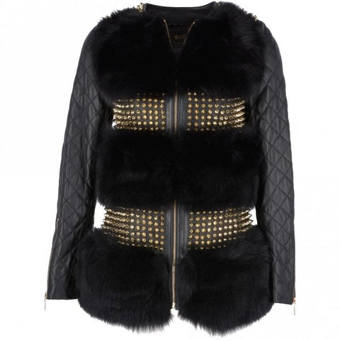 Estimo Mongolian Style Gold Studded Leather And Long Haired Fur Trim Coat Black : Zenabia