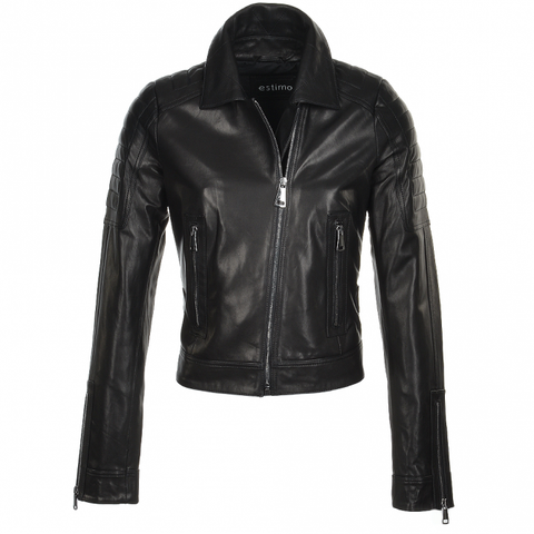 Estimo Short Cropped Vegetable Tanned Leather Biker Jacket Black : Daniela
