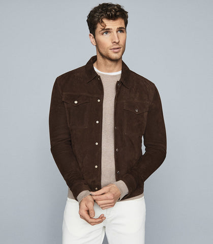 REISS JAGGER SUEDE TRUCKER JACKET CHOCOLATE