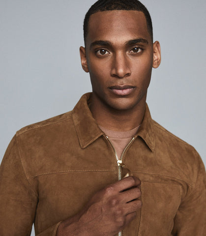 REISS MARLO SUEDE ZIP THROUGH JACKET TOBACCO