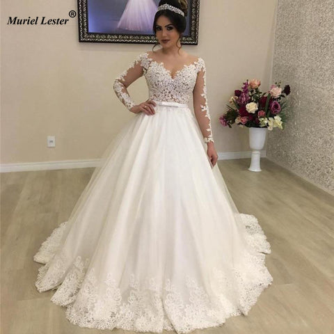 Luxury Lace Princess Ball Gown Wedding Dresses Sheer Neck Illusion Long Sleeves Appliques Country Bridal Dress Vestido De Noiva