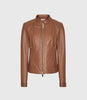 REISS FAWN COLLARLESS LEATHER BIKER JACKET TAN
