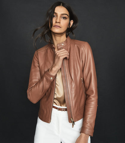 REISS FAWN COLLARLESS LEATHER BIKER JACKET TAN