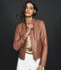 REISS FAWN COLLARLESS LEATHER BIKER JACKET TAN