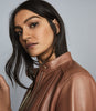 REISS FAWN COLLARLESS LEATHER BIKER JACKET TAN