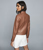 REISS FAWN COLLARLESS LEATHER BIKER JACKET TAN