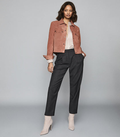REISS NINA SUEDE TRUCKER JACKET PALE PINK