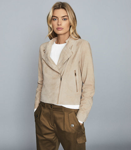 REISS OLIVIA SUEDE BIKER JACKET NEUTRAL